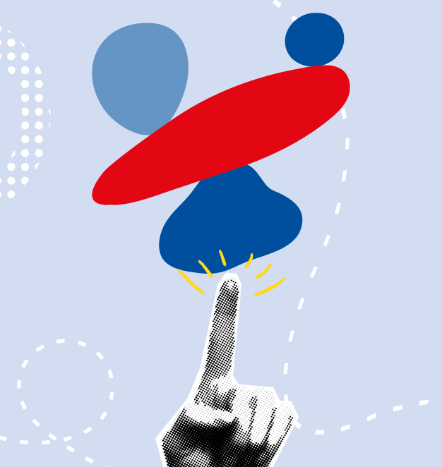 Illustratives Symbolbild für das Thema Gleichgewicht: auf dem Zeigefinger einer aufgerasterten Hand werden vier bunte Kieselsteine balanciert.